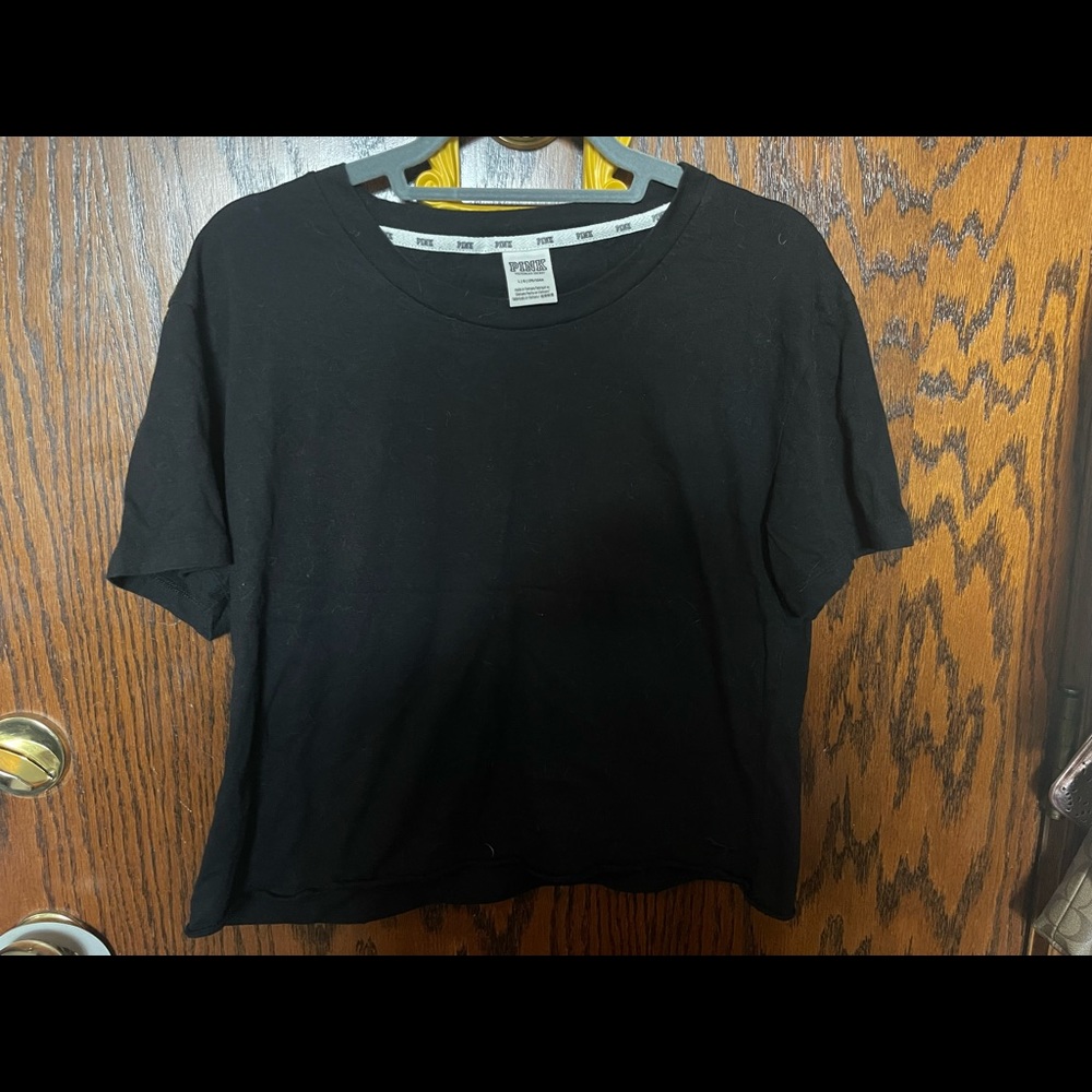 Pink (Victoria secret). Black crop top. Large